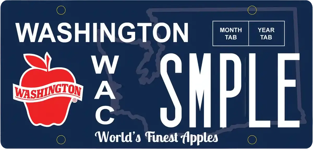 The Washington Apples specialty plate — a navy plate reading Washington, with the red Washington apple mark, the letters WAC, a sample number and the line World’s Finest Apples