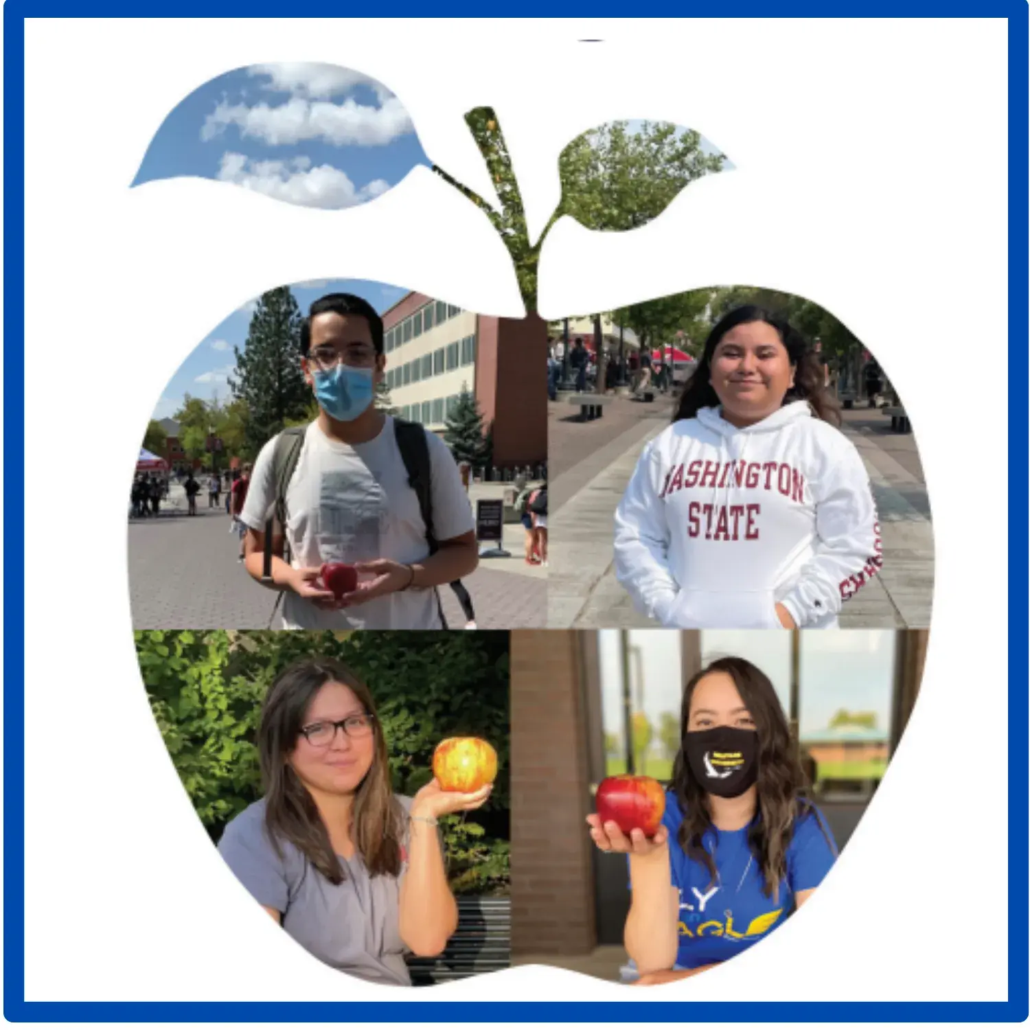 An apple-shaped collage of four photographs of students on campus