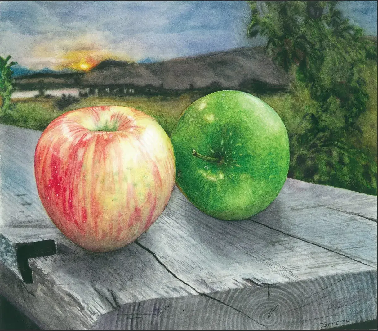A painting of a red apple and a green apple resting on a weathered picnic table