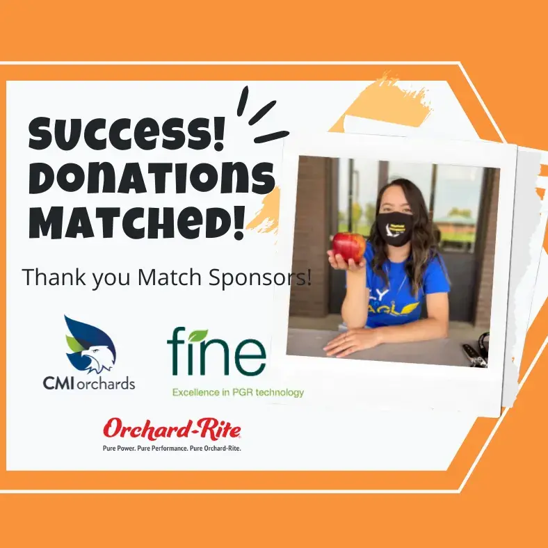 Orange graphic reading Success, Donations Matched, thanking CMI Orchards, Fine and Orchard-Rite