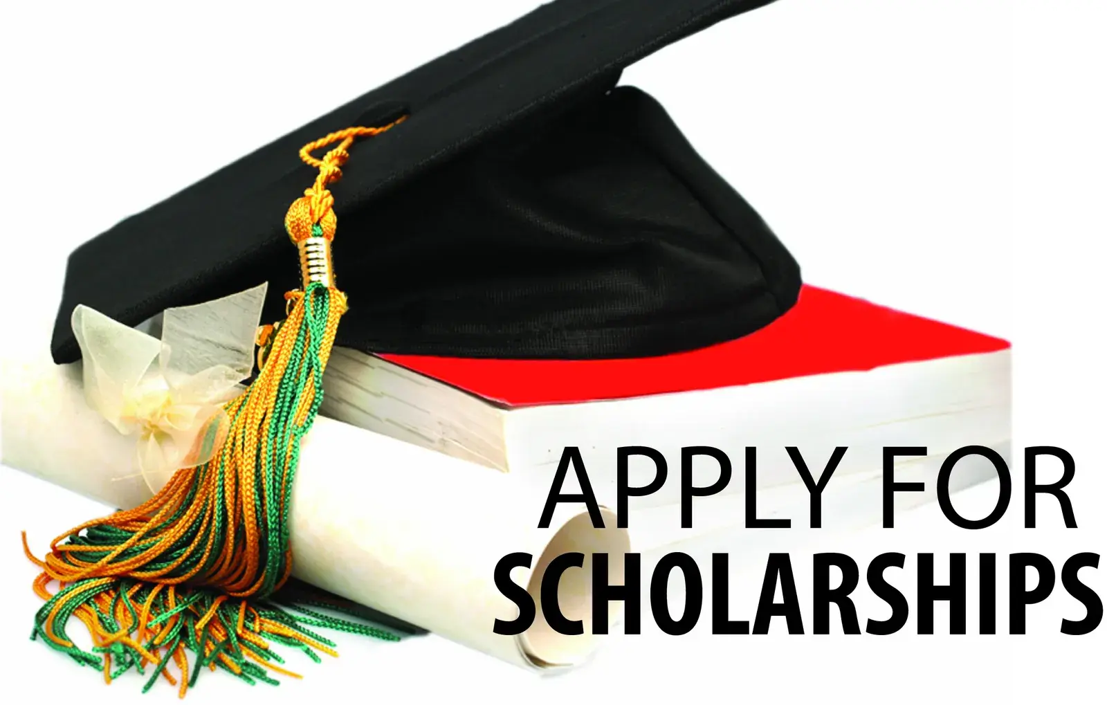 A graduation cap and diploma above the words Apply for Scholarships