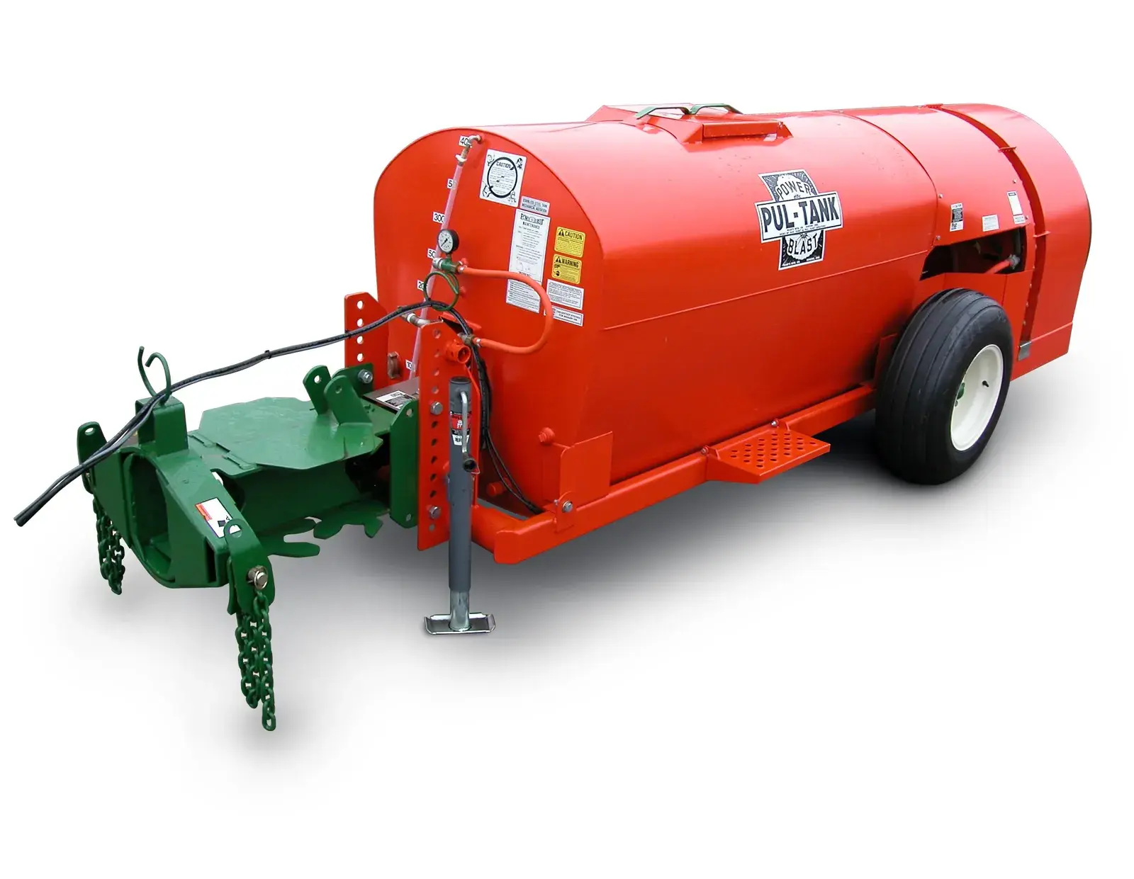 A red orchard sprayer photographed against a white background
