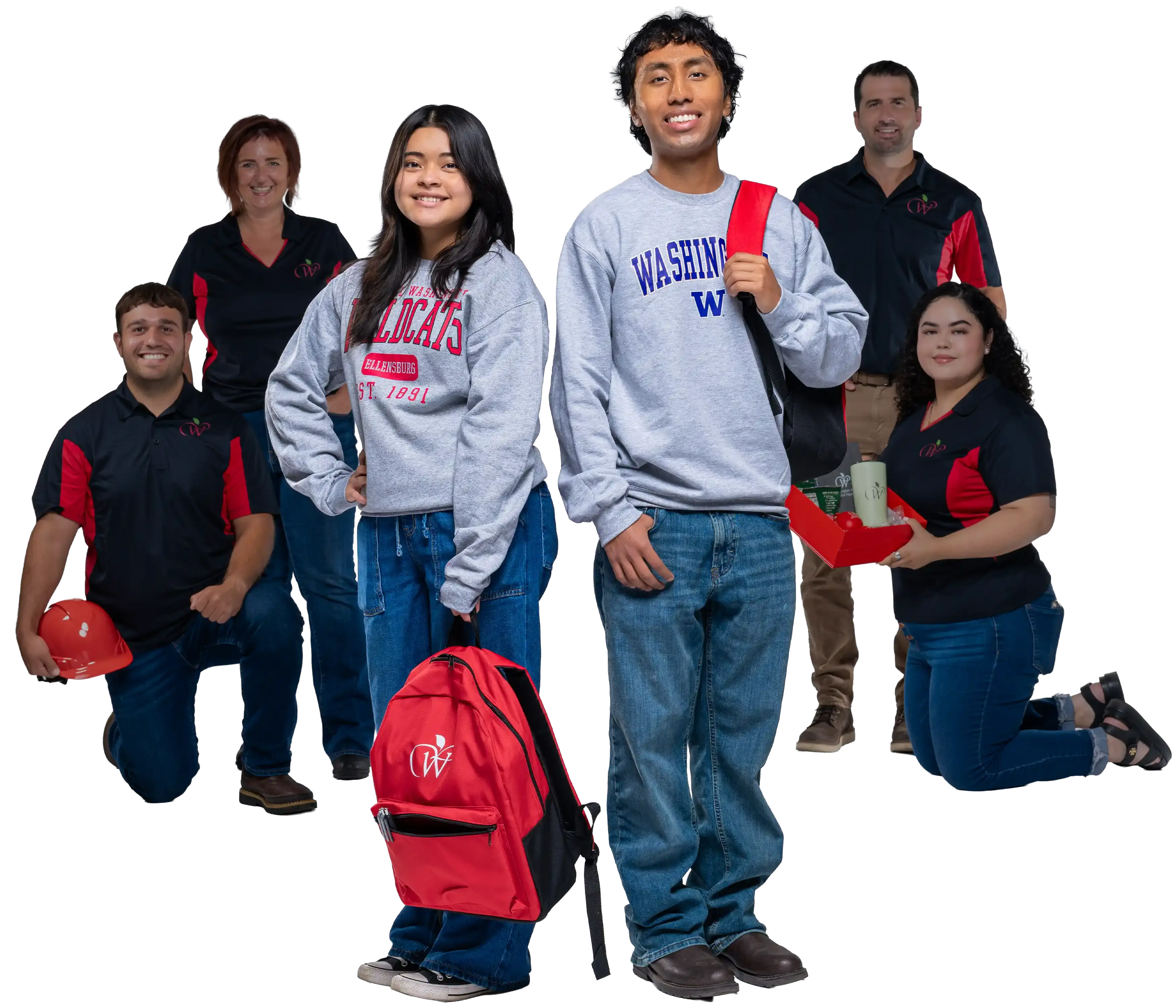 Two WAEF students in college sweatshirts, flanked by their mentor, an industry host, a donor and WAEF support staff