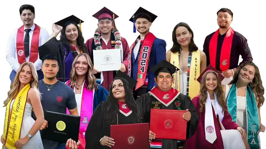 Thirteen recent WAEF graduates in caps, gowns and stoles, holding their diplomas
