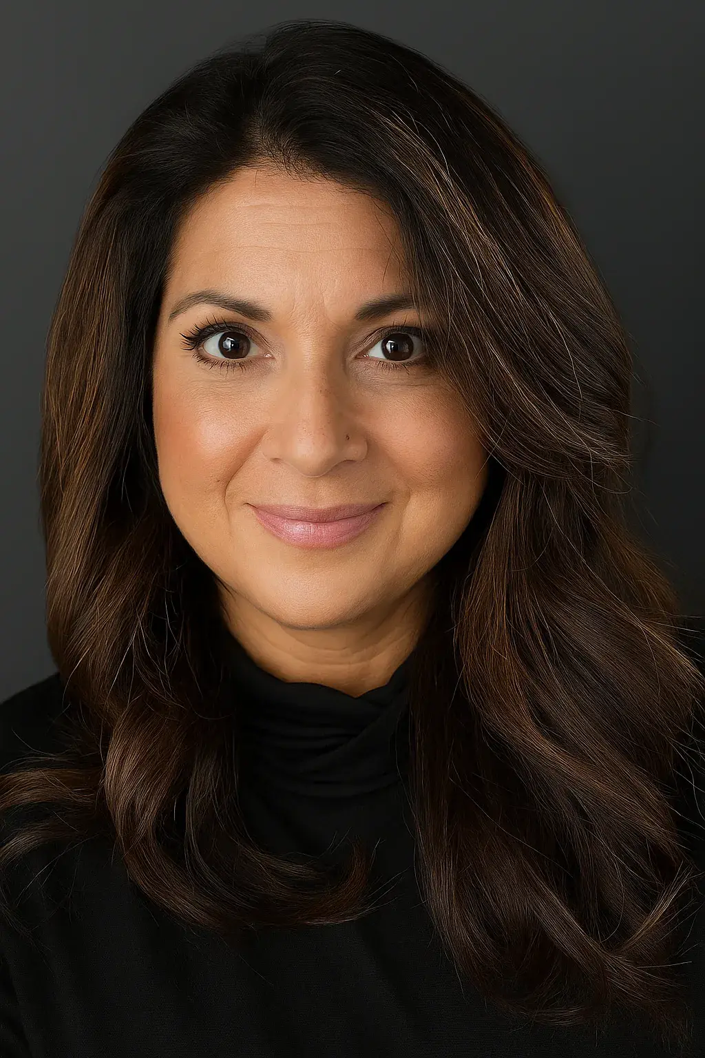 Emily Bautista, in a black top with long dark hair, in a studio portrait against a dark background