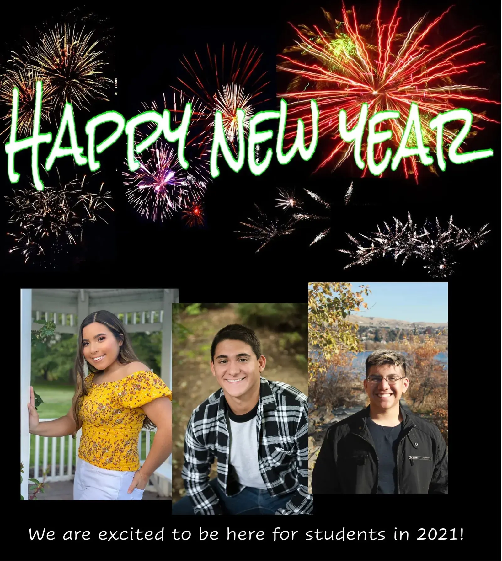 Happy New Year fireworks graphic with three student photographs beneath it