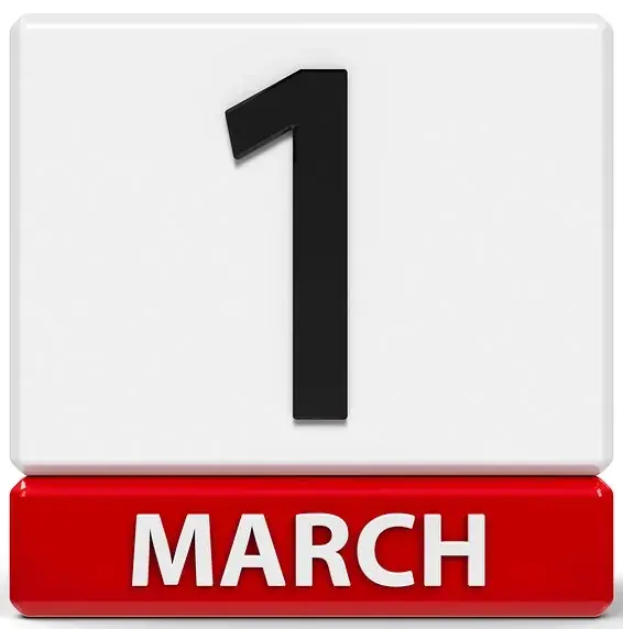 Calendar graphic showing a large numeral one above the word March
